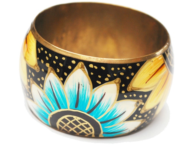 Boho Brass Sun flower bangle - Chunky floral design - blue yellow flower - bracelet