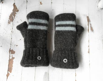 Dark Gray & Blue Sweater Mittens - Upcycled Fingerless Winter Mittens! - Fleece Lined - Repurposed! Eco Fashion