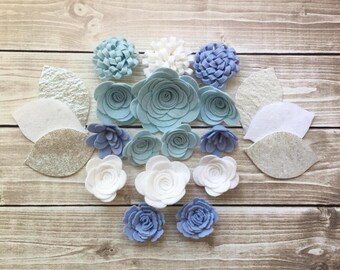 Handmade Wool Felt Flowers, Blue, White and Silver