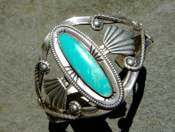 Sterling Silver Turquoise Native American Bracelet, Turquoise Sterling Silver, Fred Harvey, Vintage Tourist Bracelet, Bell Trading Tourist