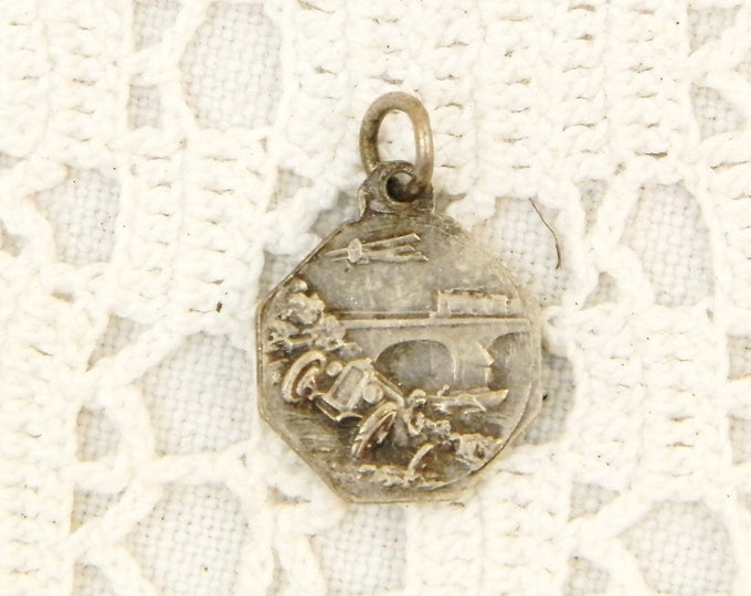 Small Vintage French Metal Religious Medal of Saint Christopher Featuring Car, Train, Airplane and Boat on the Reverse, Traveler Charm