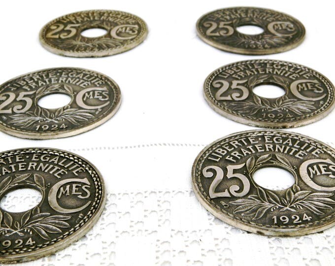 6 Vintage Cast Metal Coasters for Drinking Glasses Shaped as 1924 French Coins with Original Box, Retro Wine Glass Coaster from France 6 Vintage Cast Metal Coasters for Drinking Glasses Shaped as 1924 French Coins with Original Box, Retro Wine Glass Coaster from France