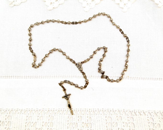 Vintage 1960s Small Delicate Silver Plated Rosary Beads and Crucifix, French Rose Shaped Religious Beads