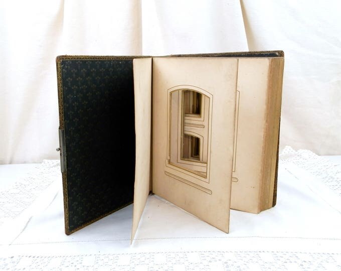Antique French Leather Bound Photo Portrait Album with Metal Lock and Gold Gilt Edges, Family Photograph Book, Brocante Home Decor