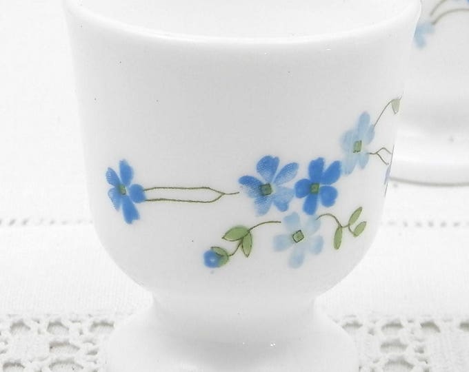 Pair 1970s Vintage French Matching White Milk Glass With Blue Flower Pattern Arcopal Egg Cups, Retro Breakfast Tableware from France