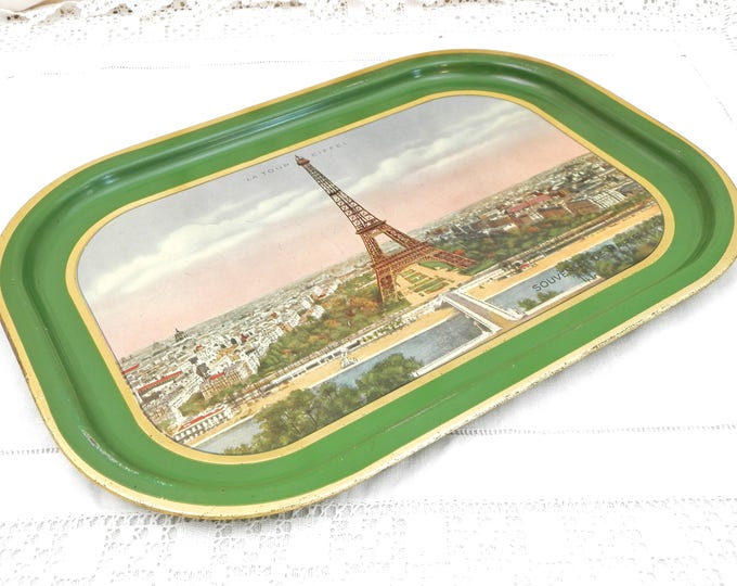 Vintage 1930s Metal Serving Tray Souvenir of Paris with Eiffel Tower View of the River Seine and the City Green and Gold Edge