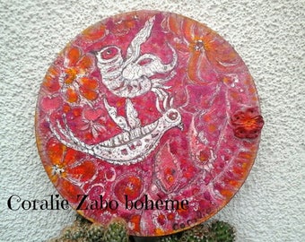 Acrylique-peinture moderne-peinture envole d'oiseaux dans un jardin de fleurs rose bohème-toile ronde