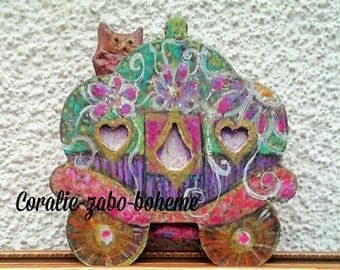 Roulotte bohème en bois peinte à la main-bohème décoration originale-esprit roulotte-hibou en céramique-fleurs crochet