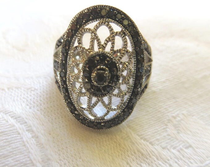 Art Deco Filigree Ring, Sterling Silver, Marcasite Stones, Size 7.5 Signed JS, Vintage Marcasite Jewelry