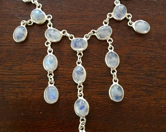 Sterling Moonstone Necklace, Vintage Festoon Bib Necklace, Drippy Moonstones, 16" Chain