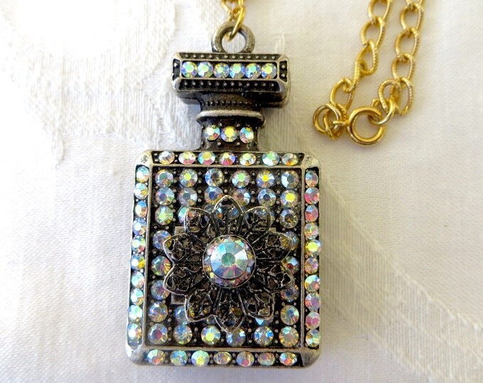Perfume Bottle Necklace, Aurora Borealis Rhinestone and Filigree Metal, Vintage Perfume Necklace 24" chain