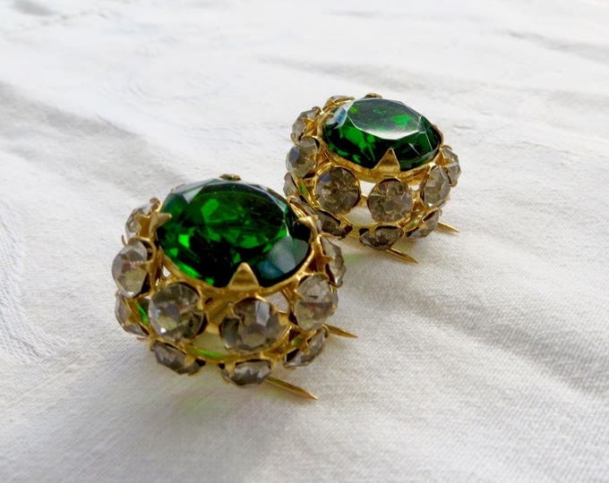 Vintage French Dress Clips, French Fur Clips, Art Glass Clips, Green Faceted stone, Paris Jewelry, Art Deco Jewelry, Spectacular!