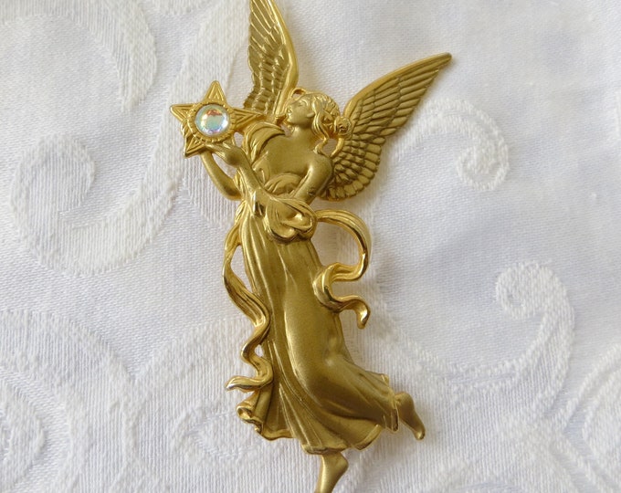 Vintage Fairy Brooch, Signed JJ Angel Pin, Fairy Godmother Angel Jewelry