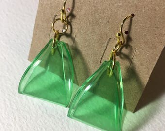 Gold Plated Green Plastic Soda Bottle Triangle Hoop Earrings - Recycled - Upcycled - Repurposed