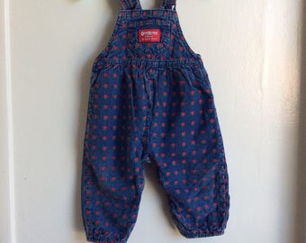 VTG OshKosh B Gosh Baby Girl Overalls Red Roses Denim Pants Sz 12M