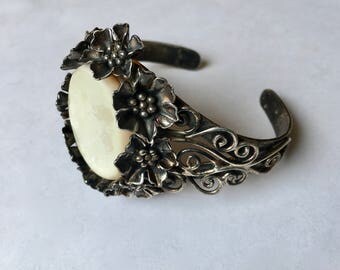 vintage sterling flower and mother of pearl cuff