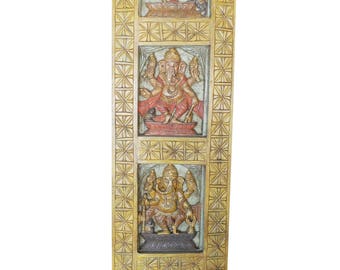 Wall Hanging Vintage Hand Carved Ganapati Four Posture, Living room Bohemian Decor