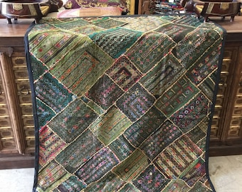 Antique Vintage  Original Tapestry khakhi Green Hand Crafted Beaded RUG Wall Hanging Decor FREE SHIP Early Black Friday