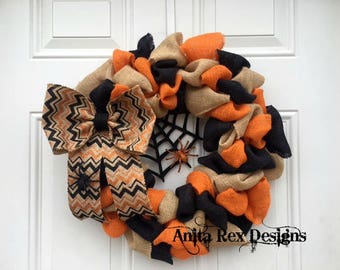 Halloween Wreath, Halloween Burlap Wreath, Spider, Halloween Decor