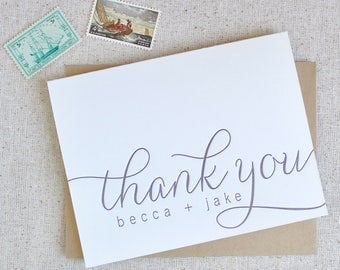 Letterpress Thank you card set customized with names, folded thank you cards in calligraphy