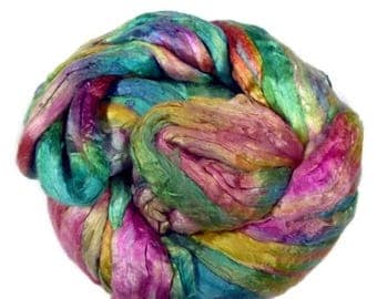 SALE Mulberry Silk roving, hand dyed turquoise/pink/yellow