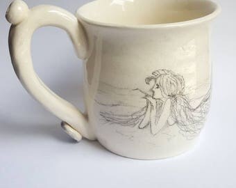 Wake and Bake Mug, Sip n' Smoke, Wake n Bake, Nug Mug, Coffee Mug Pipe...White Mug with hand-painted Secluded Mermaid in a Beach in a Cove