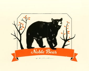 Noble Bear Screen Print. Orange & Black. Artist Proof.