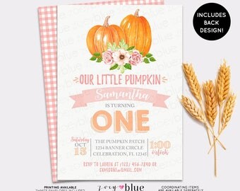 Pumpkin Birthday Invitation - Girl Little Pumpkin First Birthday - Girl Fall Birthday - Pumpkin Patch Birthday Invite - Pink Orange Autumn