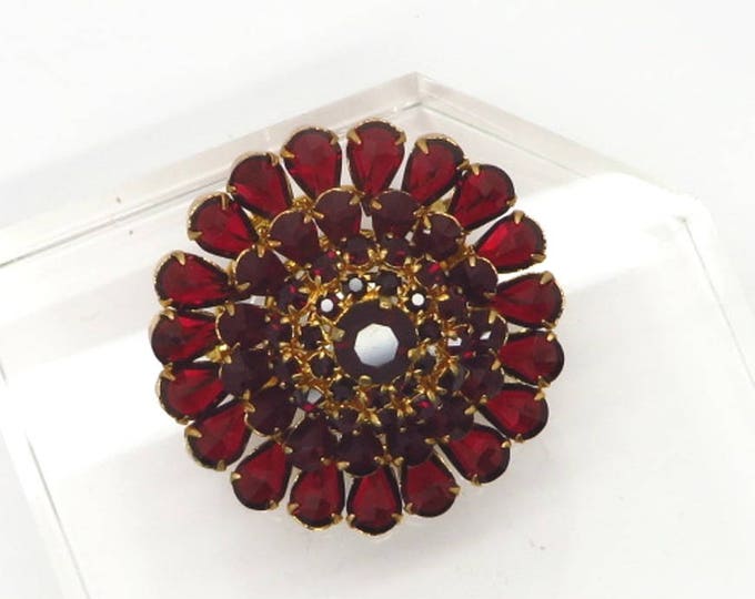 Vintage Red Austrian Crystal Brooch, Crystal Flower Pin, Gold Tone Austria Pin