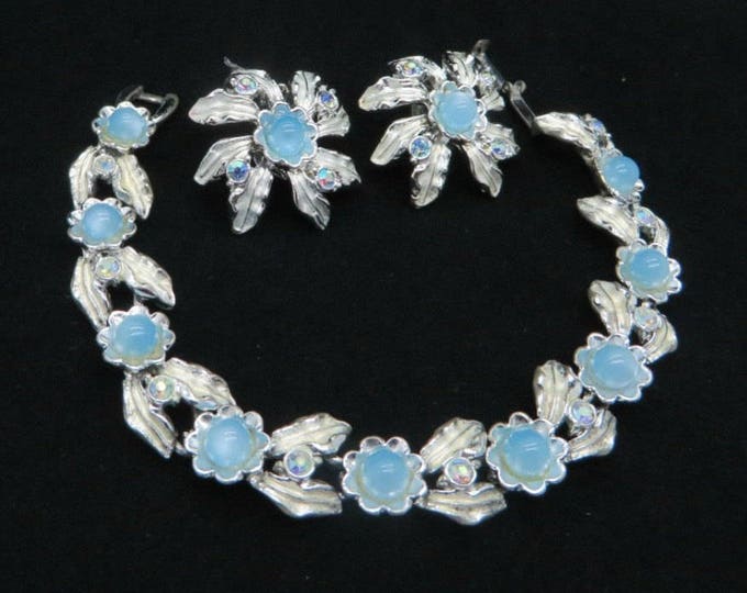 Judy Lee Demi Parure - Vintage Bracelet Earrings Set, Blue Moonstone AB Rhinestone Silver Tone Set, Perfect Gift, Gift Box