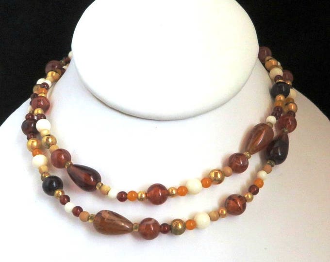 Amber Gold Beaded Necklace, Vintage Long Multicolor Necklace, Orange Cream Boho Style Gift for Her, FREE SHIPPING