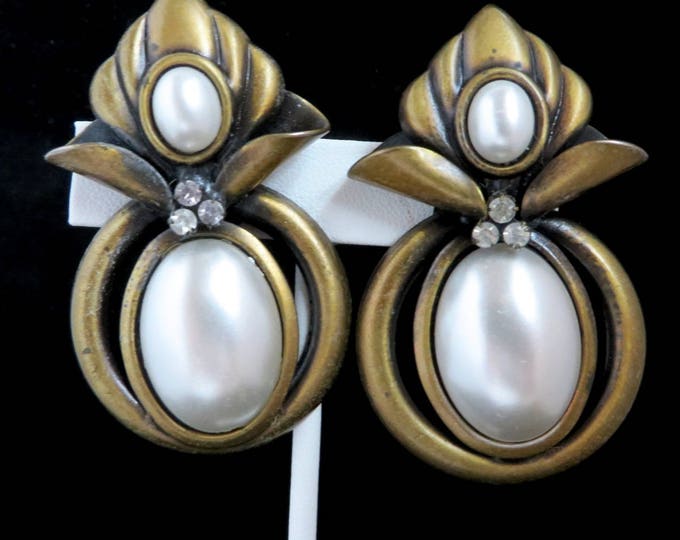 Boho Faux Pearl Earrings, Vintage Bronze Tone Double Pearl Clip-on Earrings
