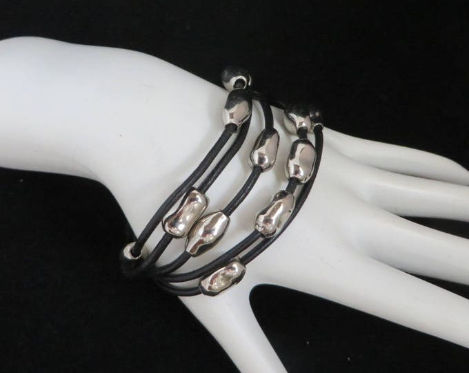 Silver Tone Bead Multistrand Bracelet, Vintage Black Wire Banded Boho Bracelet, Valentine's Day Gift