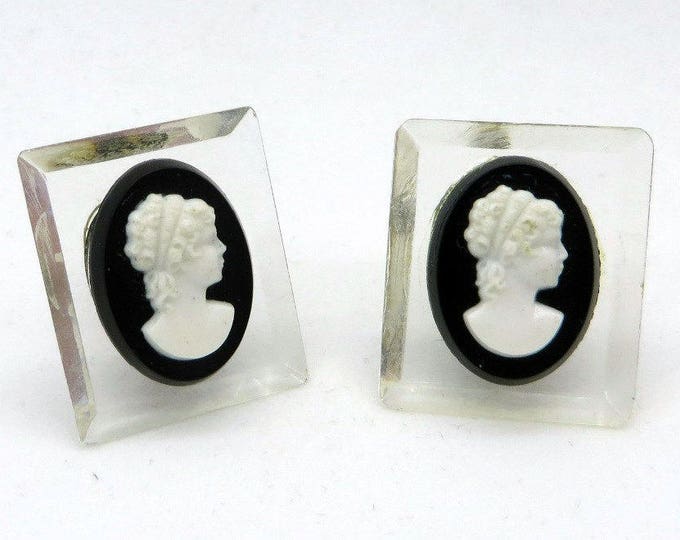 Lucite Cameo Earrings, Vintage Black White Cameo Lucite Square Screwback Earrings