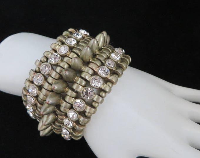 Gold Tone Stud Bracelet, Vintage Rhinestone Stretch Bracelet, Wide Heavy Metal Bracelet