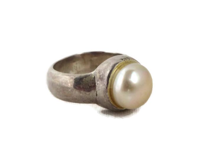 Vintage Pearl Ring, Sterling Silver Wide Band Antique Finish Estate Ring Size 6