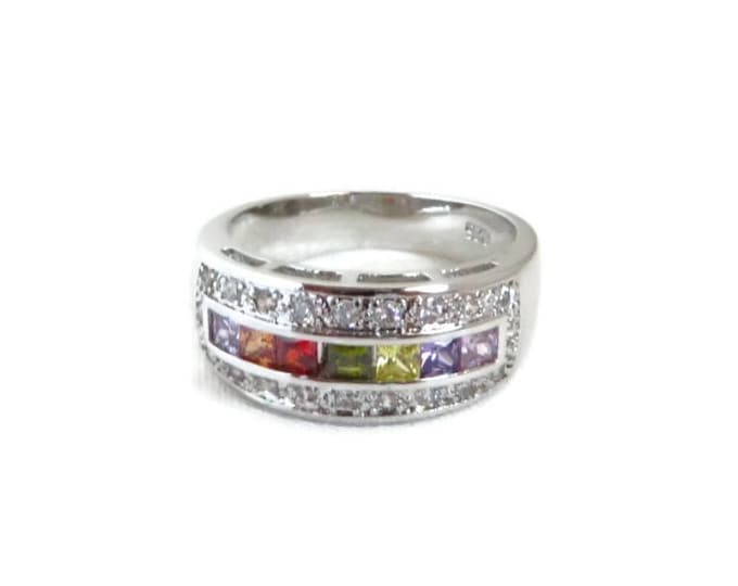 Sterling Silver Multicolor CZs Ring, Vintage Wide Band Ring, Size 8