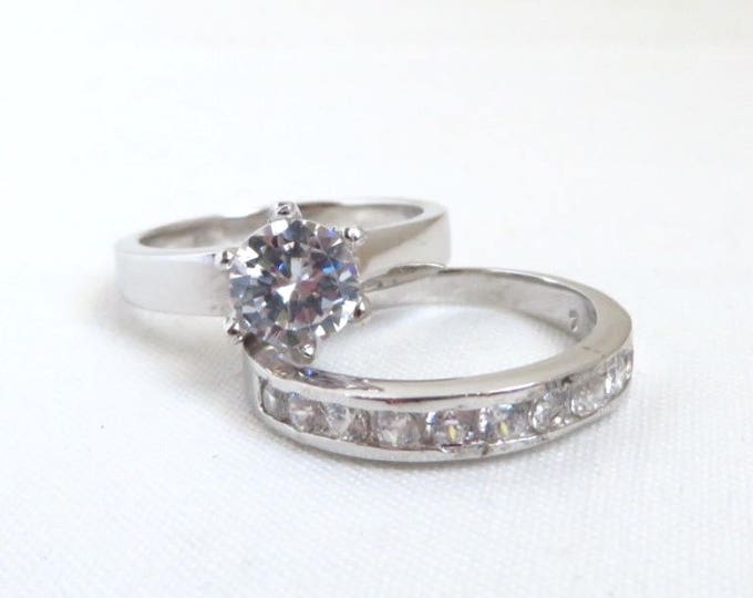 Sterling Silver Wedding Ring Set, Vintage Topaz Engagement Ring, Wedding Band, Size 7, Gift for Her
