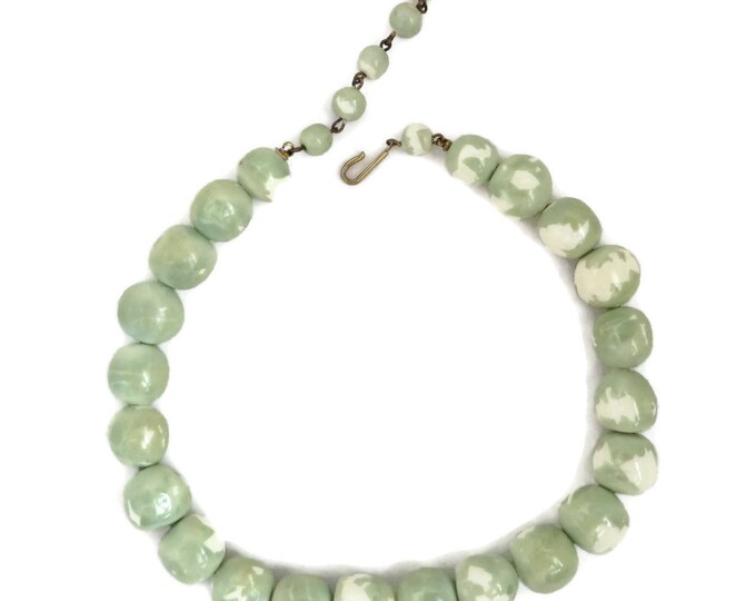 1950s Beaded Choker - Green Spatter Bead Necklace, Madmen Jewelry, Chunky Choker, Gift for Her