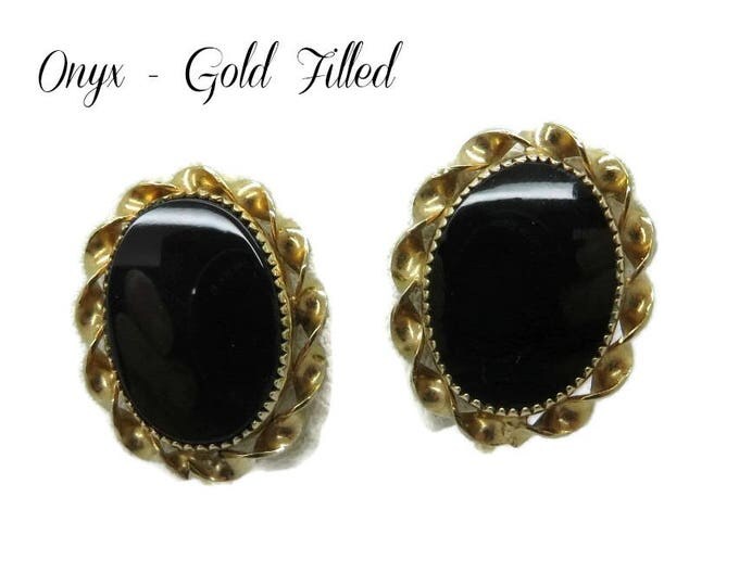 Earrings, Black Onyx Earrings, Gold Filled Earrings Vintage 1/20 12K GF Faux Onyx Screw Back Earrings, Gift for Her