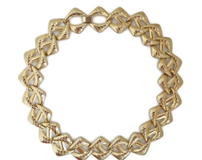 Vintage Tailored Link Necklace, Gold Tone Diagonal Striped Necklace, Gift for Her
