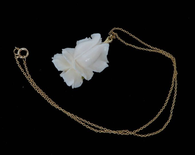 Vintage White Rose Pendant Necklace - Blooming Rose Pendant, Gold Tone Chain Necklace