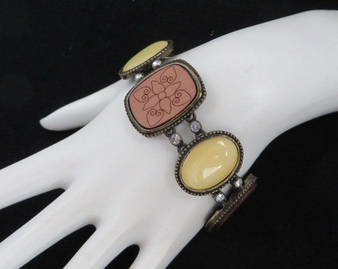 Vintage Lucite & Wood Bead Bracelet, Rhinestone Studded Bronze Tone Link Bracelet