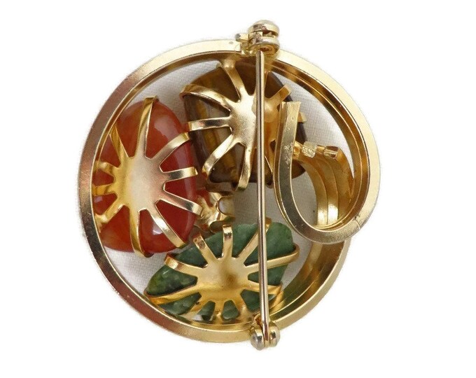 Vintage Faux Jade Brooch, Tiger Eye, Carnelian, Pearl Gold Tone Circle Pin, Estate Jewelry