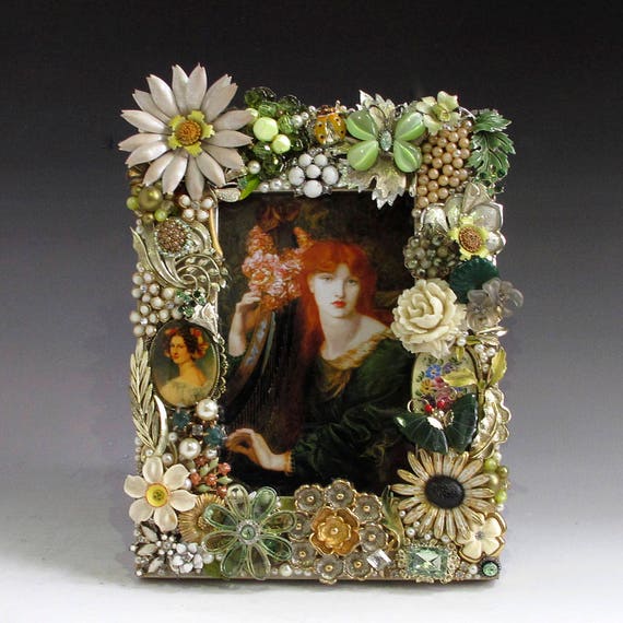 Jeweled Picture Frame Light Green Handcrafted of Vintage