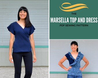 Marsella Faux Wrap top and dress PDF printable sewing pattern and step by step tutorial with sizes 4 to 22 included