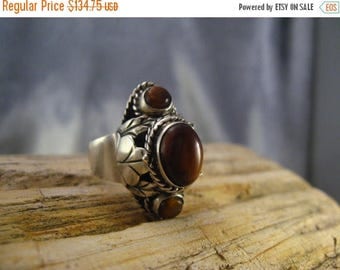 ON SALE Poison Ring Vtg Sterling Silver Mexican Tiger Eye Three Cabs 1950s Size 7 to 9 Adjustable Rare Unisex #717