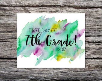 First Day of School Sign / 7th Grade / Watercolor / Green Purple / First Day / Back to School Sign / 8x10 DIGITAL Printable JPEG Girl