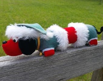 VTG Japan Christmas Plush Dachshund Wiener Dog Wood Stuffed
