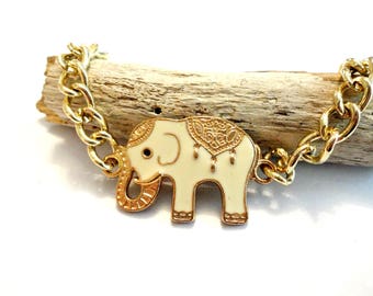 Good Luck Elephant Bracelet, Elephant Jewelry, Elephant Gift, Gift for Her, Gold Tone Chain Link Bracelet, Cool Bracelet, Cool Jewelry